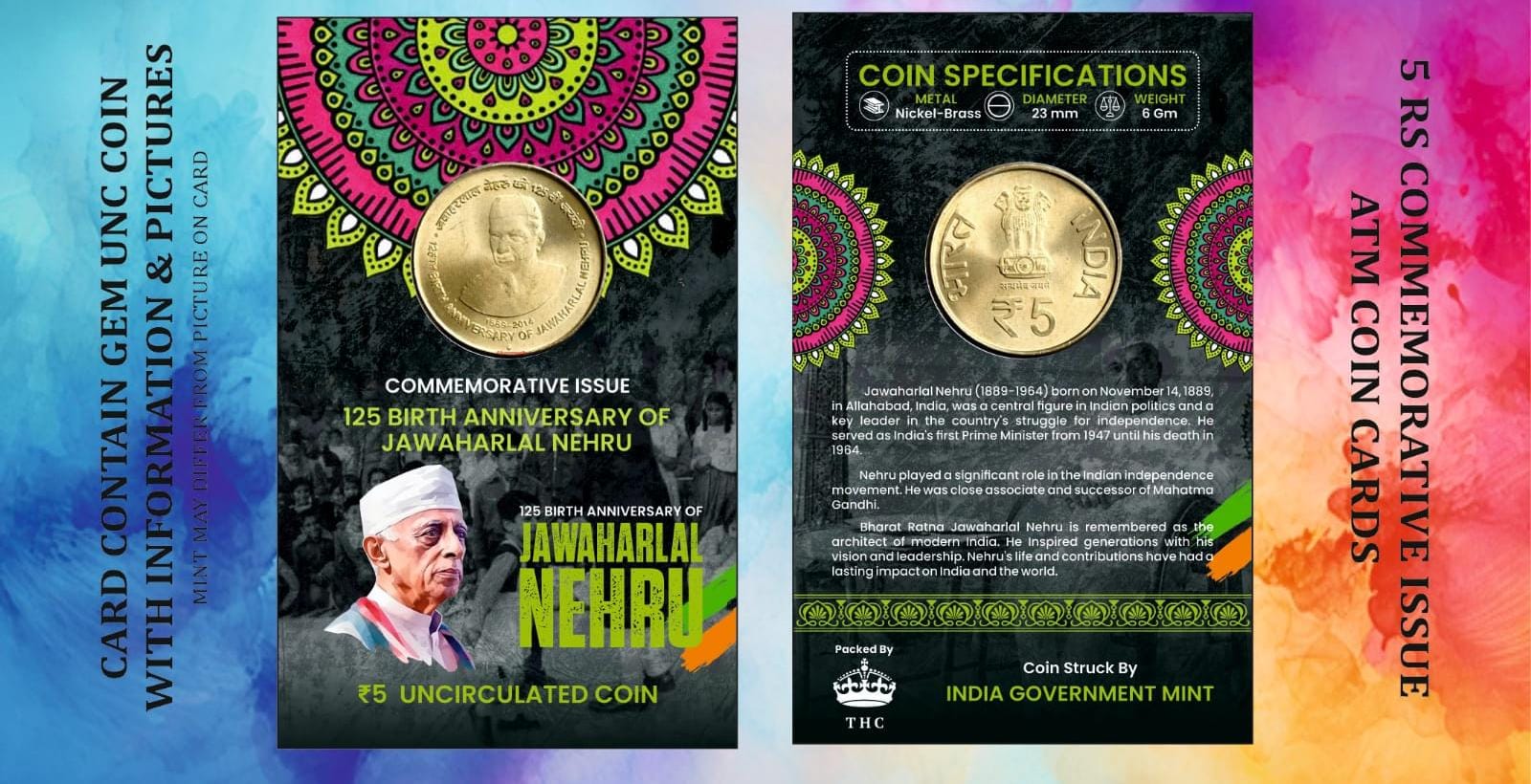 3 5 Rs. JAWAHARLAL NEHRU rare Commemorative Coin Card Special Edition - Image 1