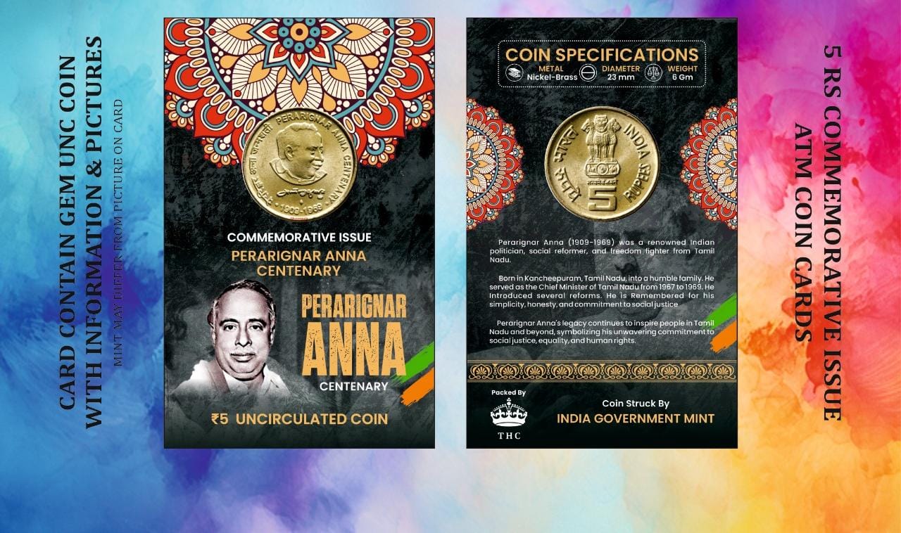 WhatsApp-Image-2025-08-06-at-15.51.28_2f51d52a 5 Rs. Perarignar Anna Centenary rare Commemorative Coin Card Special Edition - Image 1