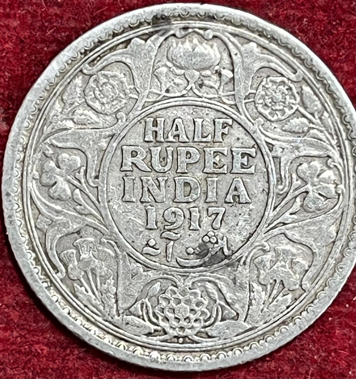 WhatsApp Image 2025-11-27 at 5.18.23 PM BRITISH INDIA 1/2 RUPEES -GEORGE V 1917 RARE SILVER COIN #V-329 - Image 1
