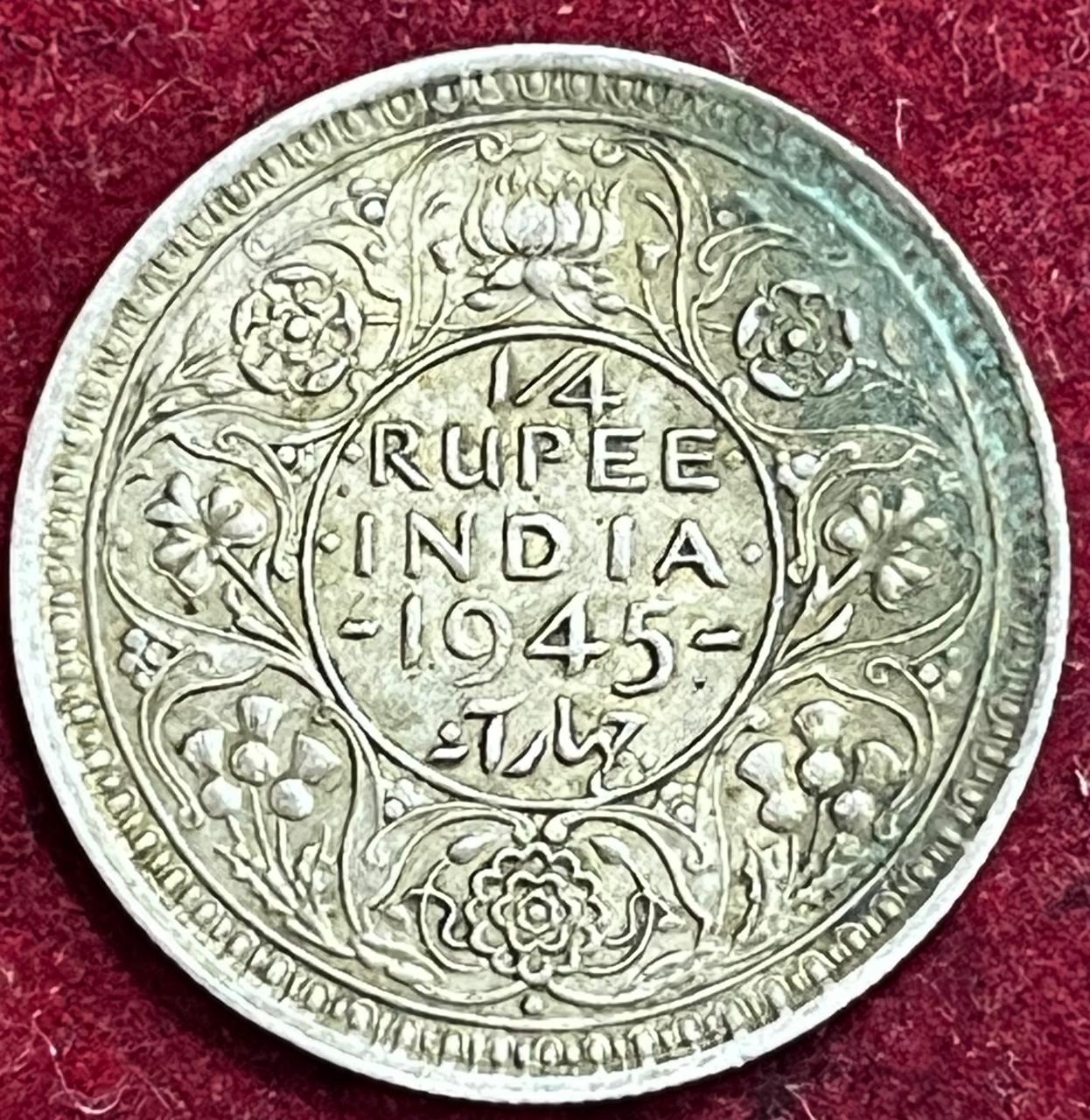 WhatsApp Image 2025-11-29 at 11.13.10 AM (1) BRITISH INDIA 1/4 RUPEES 1945 GEORGE VI RARE SILVER COIN #V-357 - Image 1