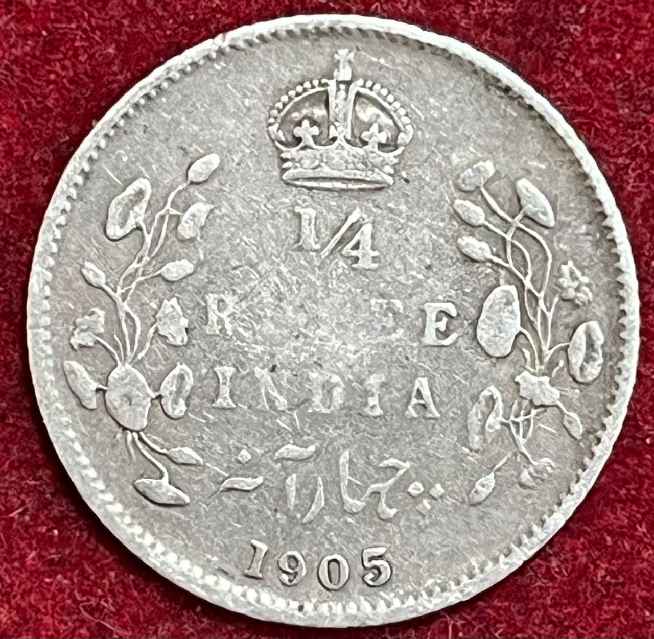 WhatsApp Image 2025-11-29 at 12.43.46 PM BRITISH INDIA 1/4 RUPEES 1905 RARE SILVER COIN #V-361 - Image 1