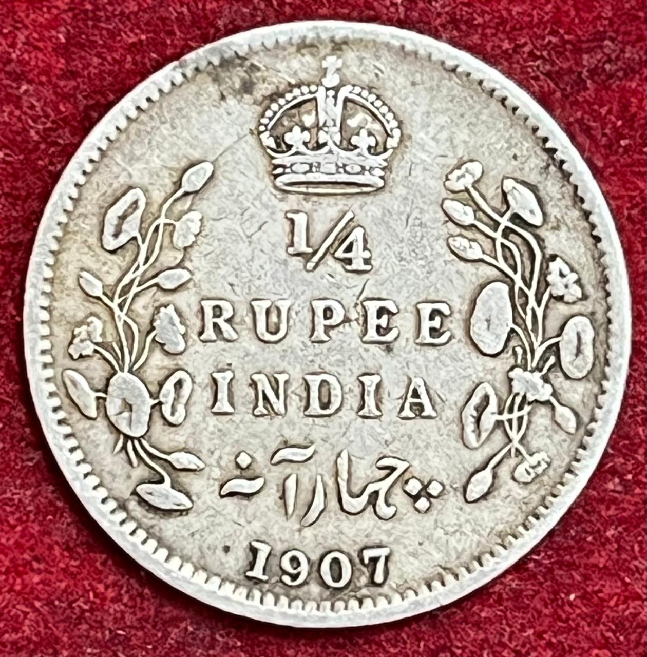WhatsApp Image 2025-11-29 at 12.48.49 PM (1) BRITISH INDIA 1/4 RUPEES 1907 RARE SILVER COIN #V-363 - Image 1