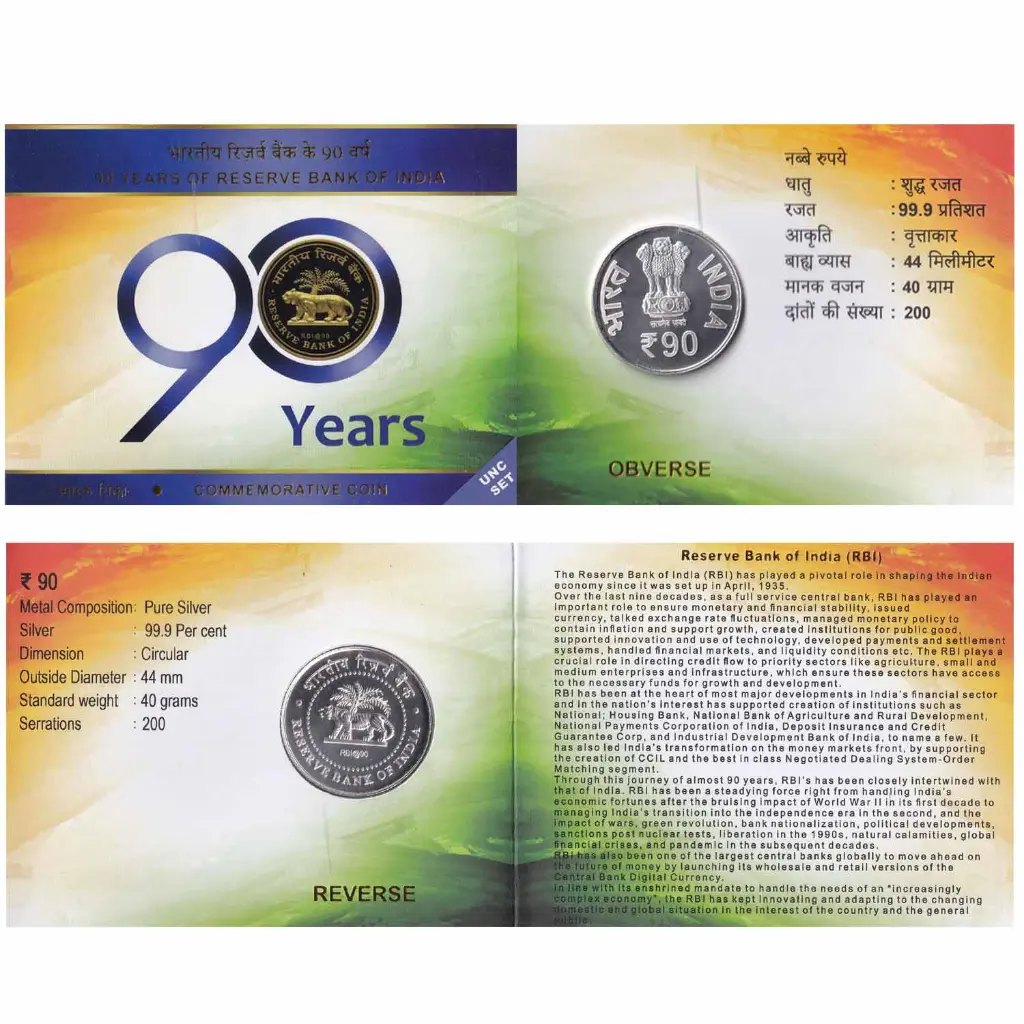 1 90 Years of Reserve Bank of India Rare Kolkata UNC Coin Set - Image 1