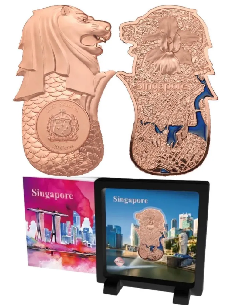 3a59f3bb-5843-455e-80e8-56802b47eac9-768x1003 2023 Samoa -Singapore 20 Cent Enamel Fish Tail Lion Shaped Copper Coin With Box - Image 1